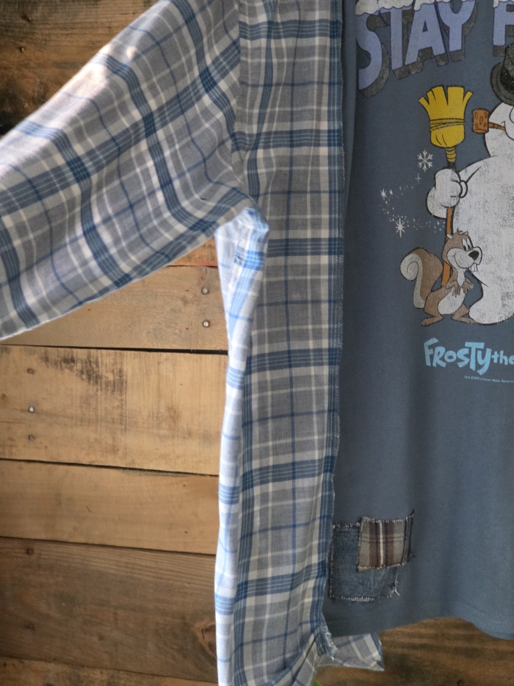 Upcycled Stay Frosty Graphic T-shirt with Plaid Sleeves - Picture 9 of 10
